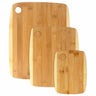 This 3-Piece 2-Tone Cutting Board Set by Totally Bamboo includes Moso bamboo boards in three sizes with rounded corners and hanging holes, elegantly arranged with overlapping edges to highlight the beautiful bamboo grain.